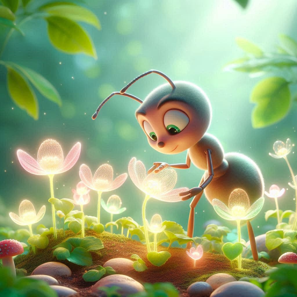 Friendly ant character tending to a garden of glowing flowers representing Quran mastery.