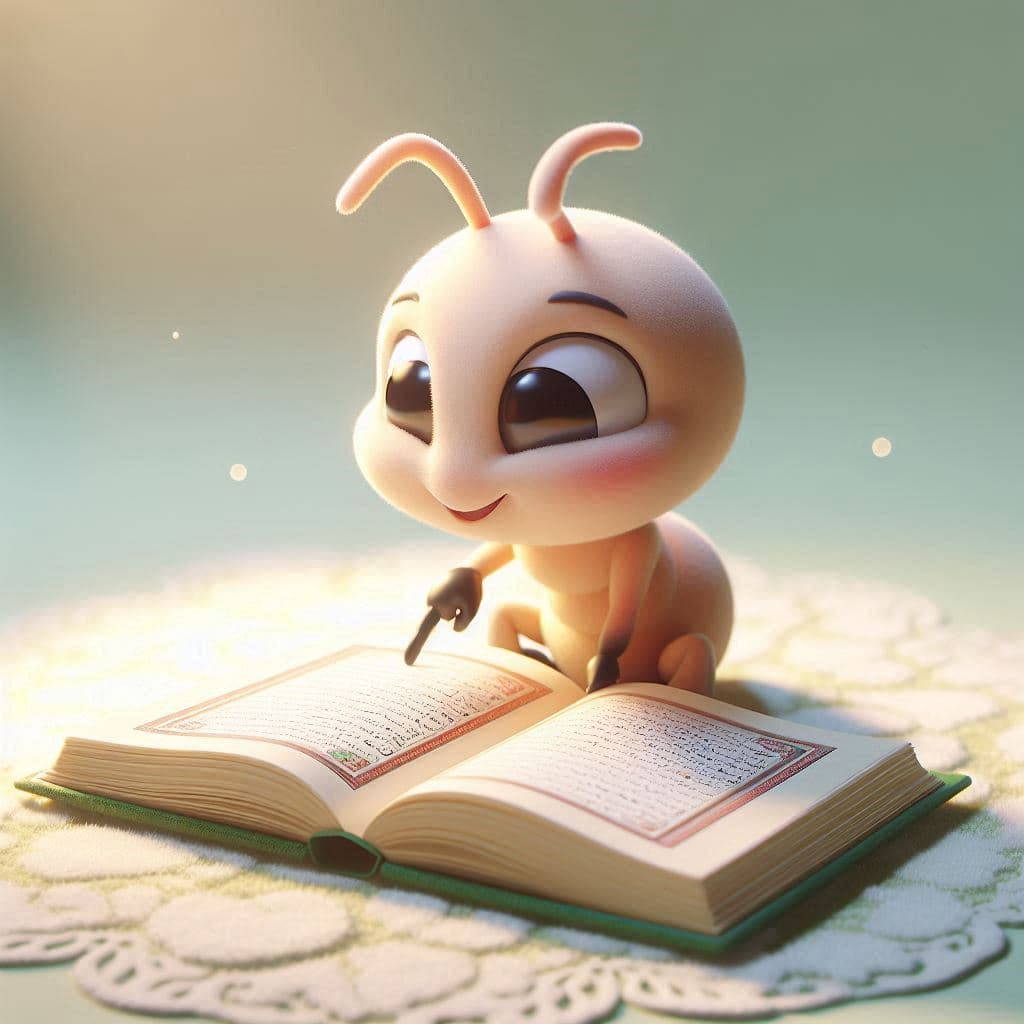 Cute 3D ant character sitting on an open Quran pointing to an Ayah.