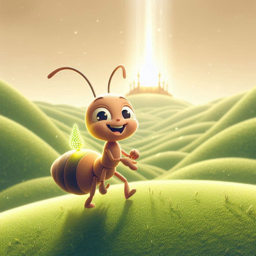 3D cartoon ant carrying a glowing seed symbolizing consistent Quran learning.