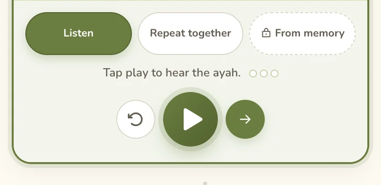 The step tabs of the Naml practice screen for one ayah of Surah Al-Ikhlas